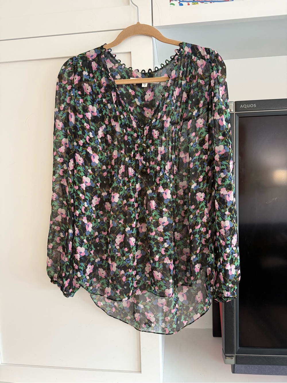Veronica Beard Black Sheer Floral Blouse with Pink & Green